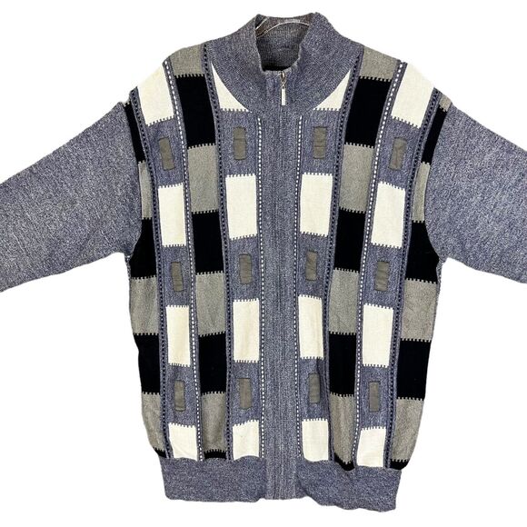 Silver Silk Sweater Mens L Elbow Patch Full Zip Textured Blue White Black Soft! - Picture 2 of 12